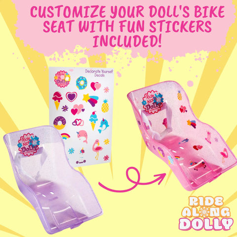 Glitter Purple Doll Bike Seat Accessory For 18 To 22 Inch Dolls And Stuffed Bears, Universal Crossbar Mount, with DIY decals.