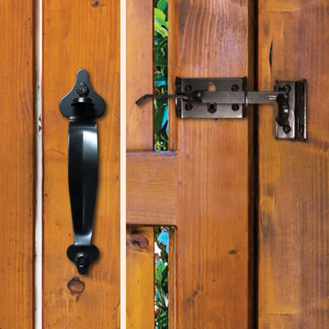 Rock Solid Iron Thumb Latch With Matte Black Galvanized Steel Finish Six Inch Throw mounted on wooden gate.