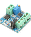 Top view of PWM To 0 To 10V Analog Converter Module for PLCs, showing green terminal blocks and blue module components.