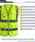 Worksite Ready Class 2 High Visibility Safety Vest With Zipper Front And 9 Pockets Neon Yellow Reflective Strips ANSI ISEA 3XL