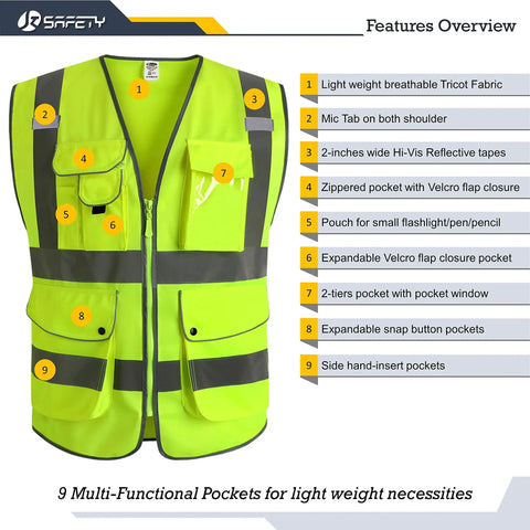 Worksite Ready Class 2 High Visibility Safety Vest With Zipper Front And 9 Pockets Neon Yellow Reflective Strips ANSI ISEA 3XL