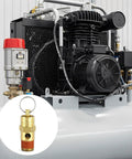 Two brass 1/4 in NPT air compressor check valves with 200 PSI pop-off pressure; inset close-up of valve