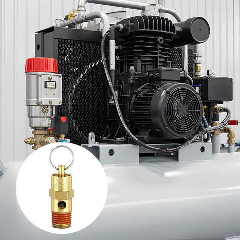 Two brass 1/4 in NPT air compressor check valves with 200 PSI pop-off pressure; inset close-up of valve