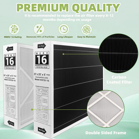 20x25x5 MERV 16 Activated Carbon Furnace Air Filter 2 Pack, detailed view of carbon-coated filter and frame, premium quality