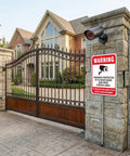 Two Pack Heavy Duty Aluminum Security Warning Signs For Your Property Hella Bright Reflective Red And White Surveillance Notice on a gated entrance.