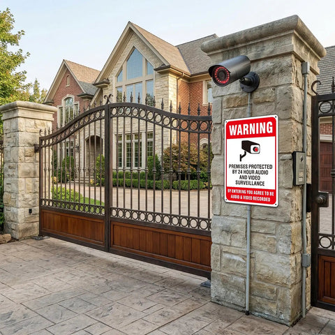 Two Pack Heavy Duty Aluminum Security Warning Signs For Your Property Hella Bright Reflective Red And White Surveillance Notice on a gated entrance.