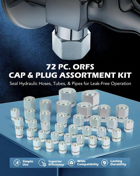 Go-To Hydraulic Hose Cap and Plug Kit, 72-Piece ORFS Cap and Plug Set on display, showcasing various sizes for industrial use.