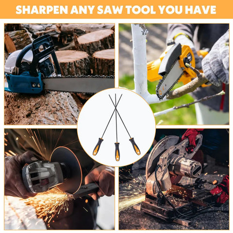 3 Pack One Eighth Inch Chainsaw File Set Round Sharpener Files For Precise Chain Teeth Sharpening, 8 Inch Handle, shown with saws