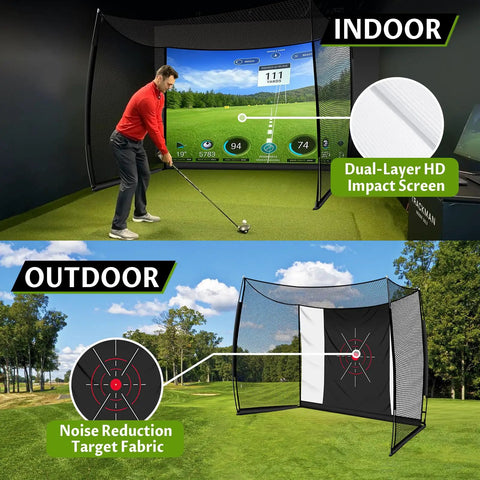 Spacious 11x8ft Golf Simulator Hitting Net With Dual Layer HD Impact Screen Heavy Duty Indoor Outdoor Practice Cage For Full Swings Driving Chipping Backyard Garage Setup showing indoor HD screen and outdoor noise reduction target.