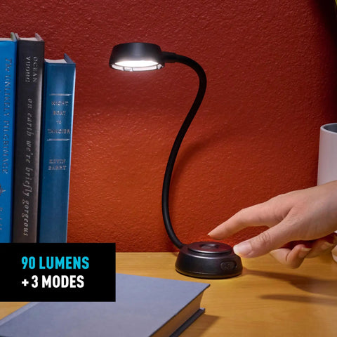Radiant Flex Rechargeable Lamp With Bendable Gooseneck And Magnetic Base For Hands Free Illumination on a desk
