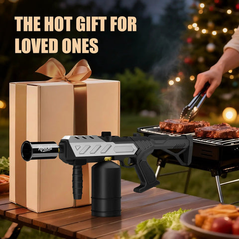 Powerful Propane Torch Gun With Adjustable Flame For Cooking And Welding Kitchen Torch Burner displayed beside a grill