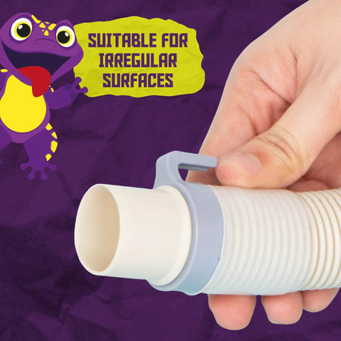 Hand holding a flexible white hose pipe with grip clip, text "Suitable for Irregular Surfaces" in background.