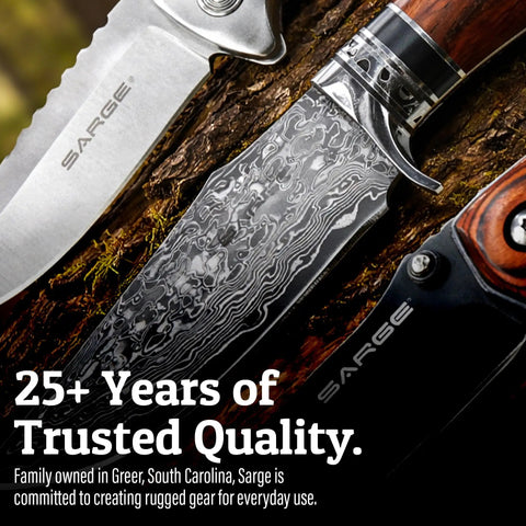 Scout Trapper Dual Blade Pocket Knife with detailed blade close-up, featuring etched patterns and zebrawood handle.