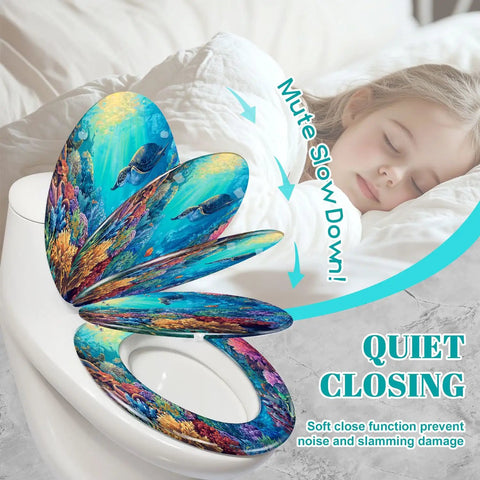 Elongated Toilet Seat Slow Close Home Bathroom with colorful underwater design, showing soft close feature and decorative art.