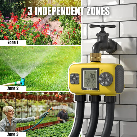 Three Zone Sprinkler Timer For Outdoor Irrigation, Beefy Heavy Duty Controller With Manual Watering, Rain Delay, High Pressure 6V Valve, Fully Waterproof For Garden And Yard shown managing three zones