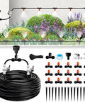 Easy Setup Quick Connect Micro Misting Kit For Garden Irrigation with 60 ft 1/2 and 1/4 inch lines shown in garden setup.
