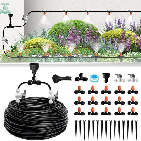 Easy Setup Quick Connect Micro Misting Kit For Garden Irrigation with 60 ft 1/2 and 1/4 inch lines shown in garden setup.