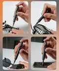 Knockout Precision Screwdriver Set Features Fifty Five Mini Bits Including Phillips Torx And Pentalobe For Phones Laptops Controllers Drones Eyewear And Electronics Plus A Slick Pocket Ready Storage Case You Can Easily Toss In Any Bag, showing usage on sunglasses and gadgets.
