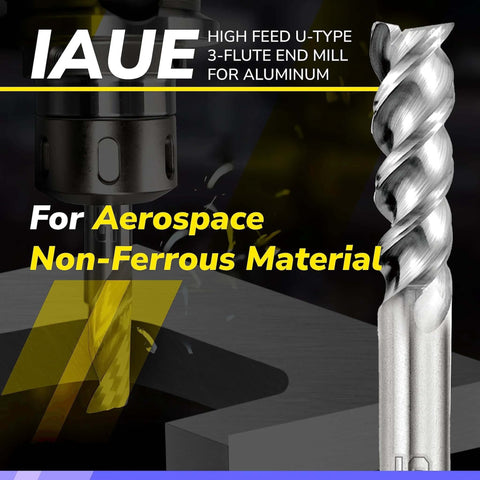 IAUE 3/8 in carbide square end mill, 3-flute, for aluminum roughing/finishing.