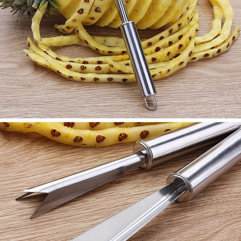 V Shape Stainless Steel Pineapple Eye Peeler Remover Tool For Easy Home Kitchen Prep, Precise Eye Cutter And Fruit Slicer on wooden surface