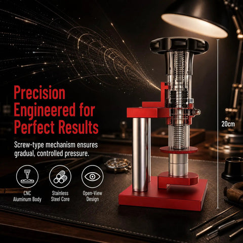 Pro Grade Screw Type Watch Press Tool With Gradual Pressure Control for crystal bezel replacement, 20cm red and stainless steel design.