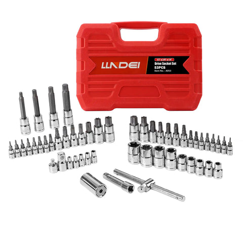 Torx Socket Set With Quarter Inch Three Eighths Inch And Half Inch External Heavy Duty Sockets 53 Piece Kit Featuring Tamper Proof