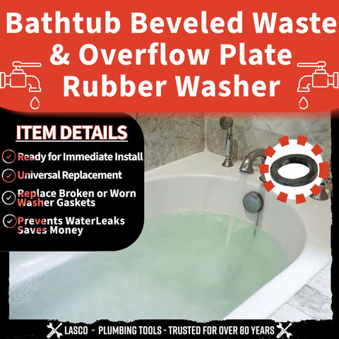 Bathtub with highlighted waste and overflow plate rubber washer, featuring tub waste and overflow plate sponge gasket.
