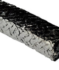 Close-up of expanded graphite braided packing, black outer with gray core, 0.125 in cross-section, 3' cut length