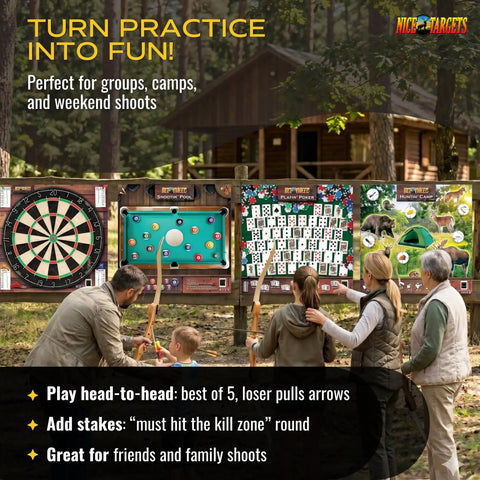 Family using Archery And Dart Targets Variety Pack 22x22 Inch Set With Poker Hunting Camp Pool in outdoor group session.