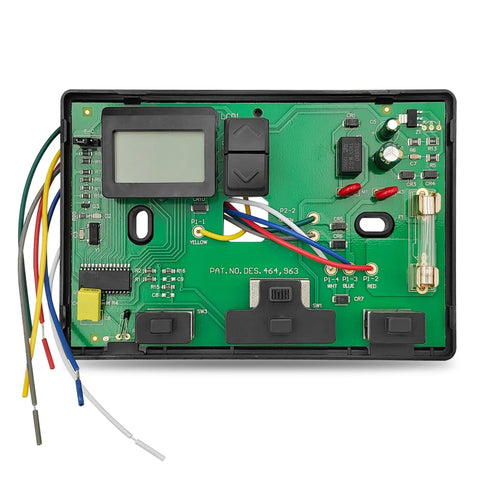 Back view of Digital Thermostat Replacement for Home Heating and Cooling, Wall Mounted T Stat showing wiring and circuit board