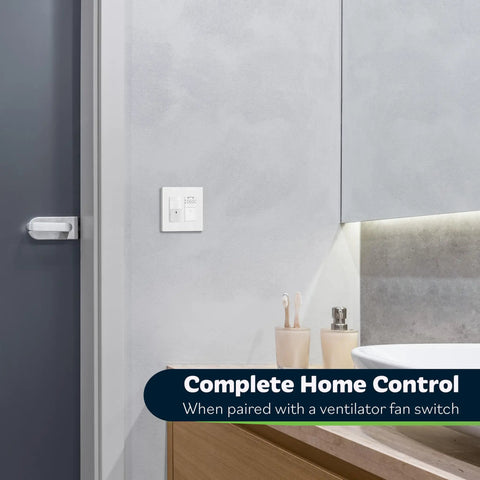 White Motion Sensor Switch With PIR Ambient Light Level installed in bathroom, highlighting occupancy modes, 150W LED CFL compatible.