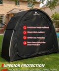 Portable Bike Storage Shed Tent For Outdoor Use Fits 1 To 2 Bicycles With Rain Cover Silver Coated Shield Waterproof PU4000 Durable 210D Oxford Fabric No Fuss Setup And Full Gear Protection Shelter, in yard