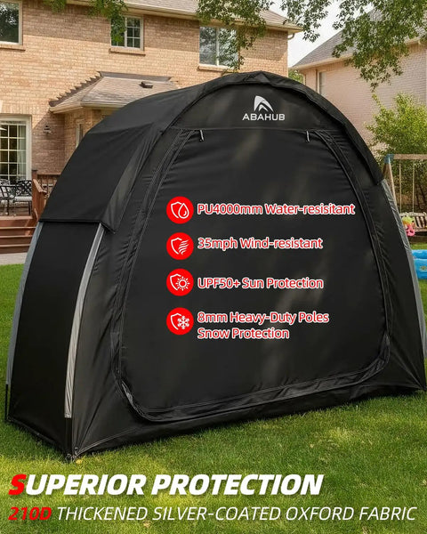 Portable Bike Storage Shed Tent For Outdoor Use Fits 1 To 2 Bicycles With Rain Cover Silver Coated Shield Waterproof PU4000 Durable 210D Oxford Fabric No Fuss Setup And Full Gear Protection Shelter, in yard