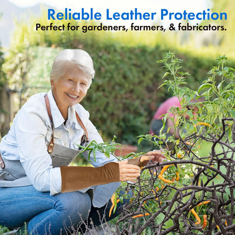 Kickass Genuine Cowhide Arm Chaps And Slip Resistant Sleeves Lock Down Tight To Block Razor Cuts Scorching Burns And Nasty Scrapes While You Dominate Hella Tough Projects worn by a smiling woman gardening.