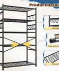 Heavy Duty 5 Tier Metal Shelving Rack With 1000Lbs Capacity 72In High 36In Wide 12In Deep 4 Side Hooks Black, wire shelf detail