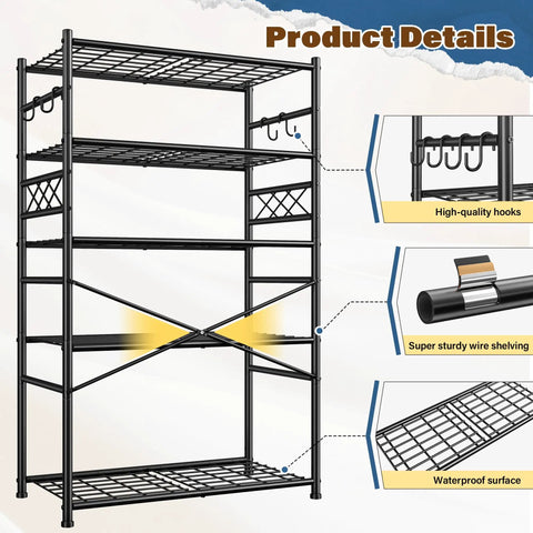Heavy Duty 5 Tier Metal Shelving Rack With 1000Lbs Capacity 72In High 36In Wide 12In Deep 4 Side Hooks Black, wire shelf detail
