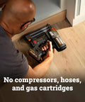 Heavy Duty Cordless Brad Nailer Fueled By 20V Brushless Motor And 18 Gauge Specs in use on hardwood floor without hose.