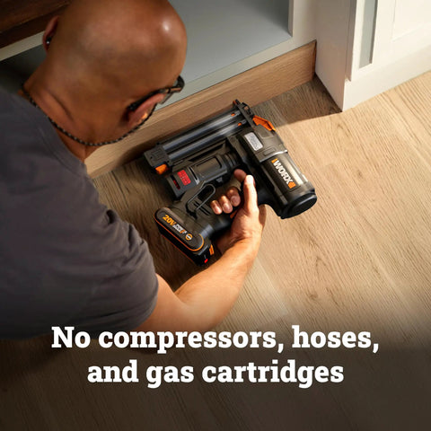 Heavy Duty Cordless Brad Nailer Fueled By 20V Brushless Motor And 18 Gauge Specs in use on hardwood floor without hose.