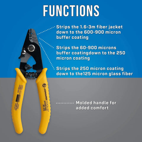 Three Hole Fiber Optic Stripper With Angled Jaw And Safety Lock, shows functions, strips 1.6-3.0mm jacket, easy-grip handle