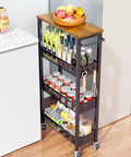 4 Tier Slim Rolling Storage Cart With Wood Top For Narrow Spaces Between Appliances in Small Kitchens with bottles and jars