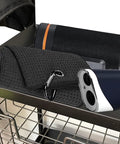 Heavy Duty Metal Golf Bag Organizer Rack For Two Bags With accessories on top shelf, close-up view