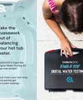 Woman holding case of Digital Spa Water Test Kit With Digital Water Tester And 30 Hot Tub Test Strips For Chlorine, Bromine, Total Hardness, Cyanuric Acid, Alkalinity, And pH For Home Use next to hot tub