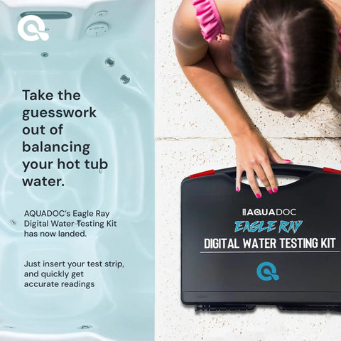 Woman holding case of Digital Spa Water Test Kit With Digital Water Tester And 30 Hot Tub Test Strips For Chlorine, Bromine, Total Hardness, Cyanuric Acid, Alkalinity, And pH For Home Use next to hot tub