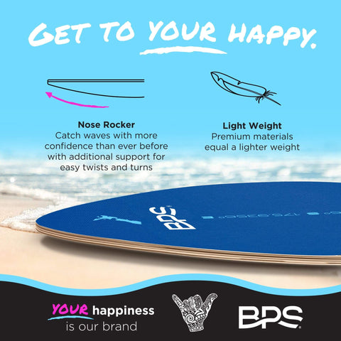 Shaka 35 Inch Skim Board With Epoxy Coated Wood Deck And Traction Pad No Wax Needed featuring nose rocker on beach