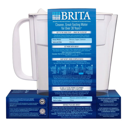 Side view of white Slim BPA Free Water Pitcher With Filter For Tap Water, 6 Cup Capacity, Space Saving Design packaging