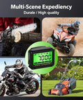 Digital Tachometer With RPM Alarm And Hour Meter shown with use cases on chainsaw, ATV, motorbike, lawn mower