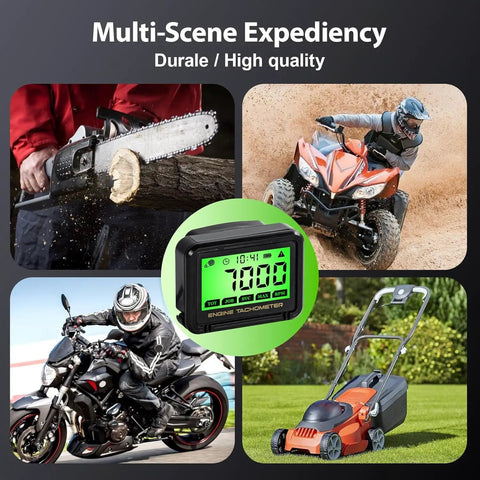 Digital Tachometer With RPM Alarm And Hour Meter shown with use cases on chainsaw, ATV, motorbike, lawn mower