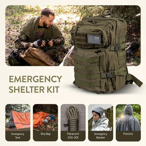 72 Hour Survival Kit For Two With 45L Bug Out Backpack Elite Outdoor Prepper Gear shown with emergency shelter items.