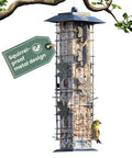 Weight Activated Squirrel Proof Bird Feeder With Two Pound Seed Capacity, Outdoor Metal Wild Bird Feeder With Durable Finish hanging on branch