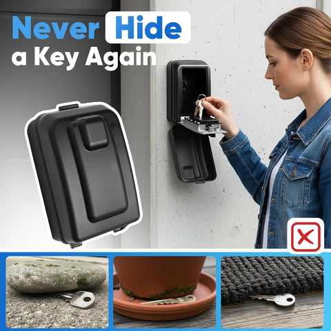 Woman using Wall Mount Key Lock Box With 12 Digit Resettable Code Weatherproof Outdoor Key Safe For Home Office Garage Real Estate Large Capacity Built Tough Metal Code Lock With Mounting Hardware on concrete wall.